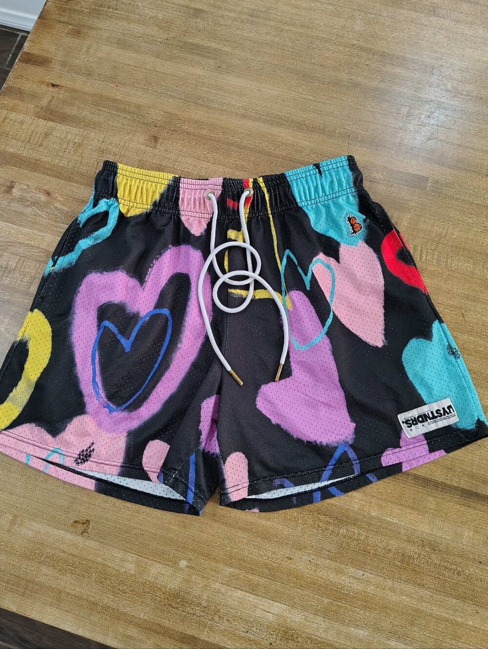 BYSTNDRS Black Mesh Athletic Shorts with Multicolor Hearts